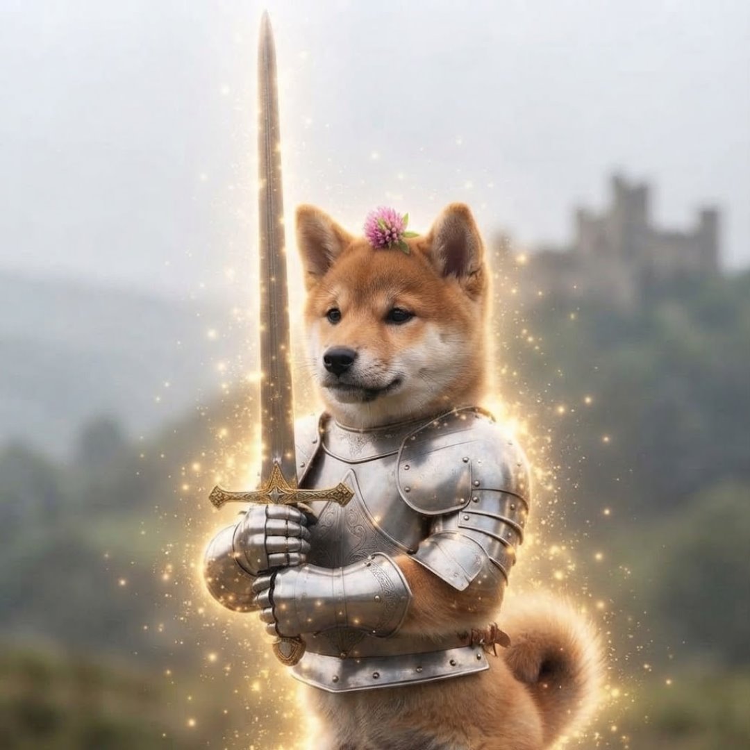 A shiba knight in silver armor with a clover blossom on his head, holding a glowing sword before a misty castle